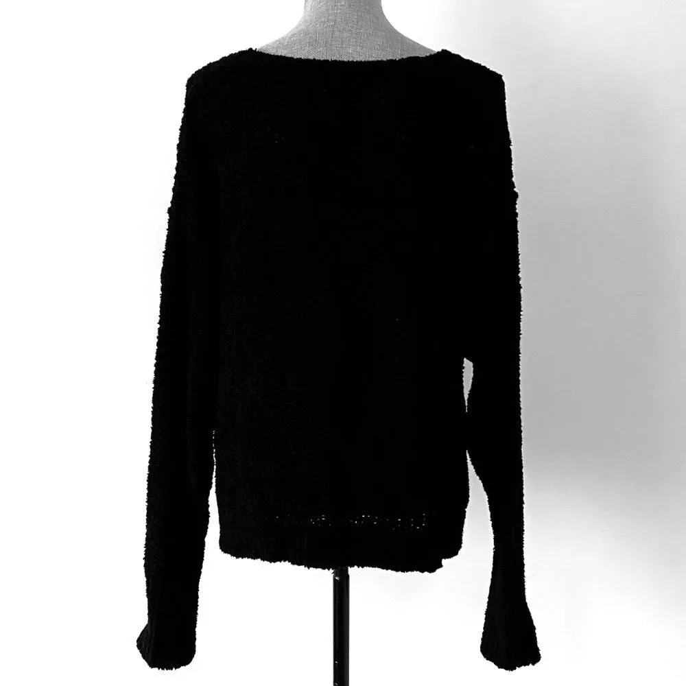 Free People Coco V-Neck Twist Detail Knit Sweater Black Sz M Cozy Urban Chic